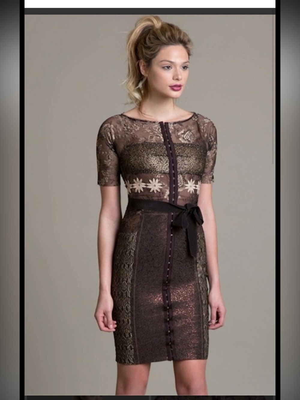 Byron Lars BrownAntique Gold  Sheath Dress with Cream Appliqué Size 2